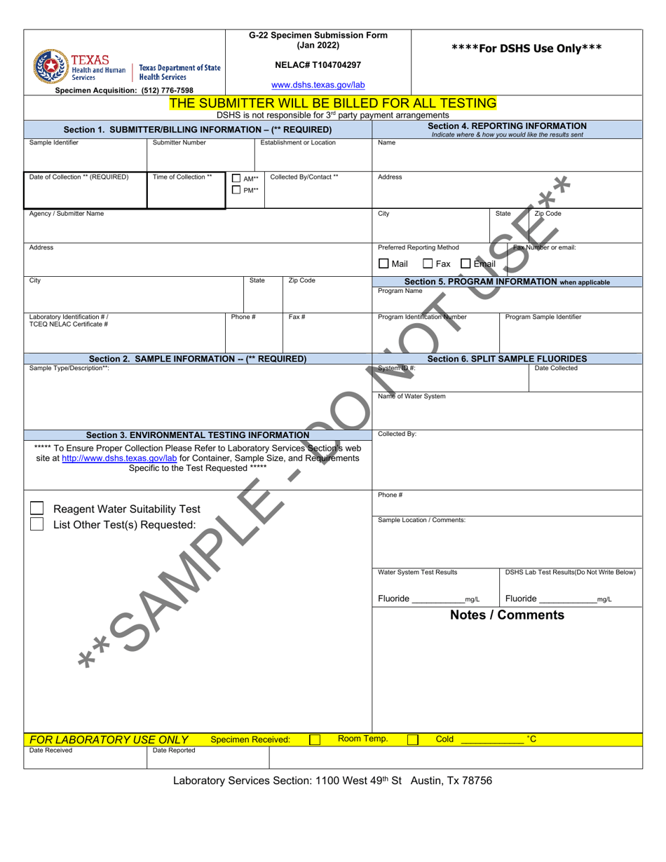 Form G-22 Environmental / Fluoride / Microbiological Specimen Submission Form - Sample - Texas, Page 1