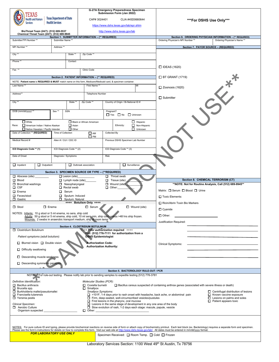 Form G-27A Emergency Preparedness Specimen Submission Form - Sample - Texas, Page 1