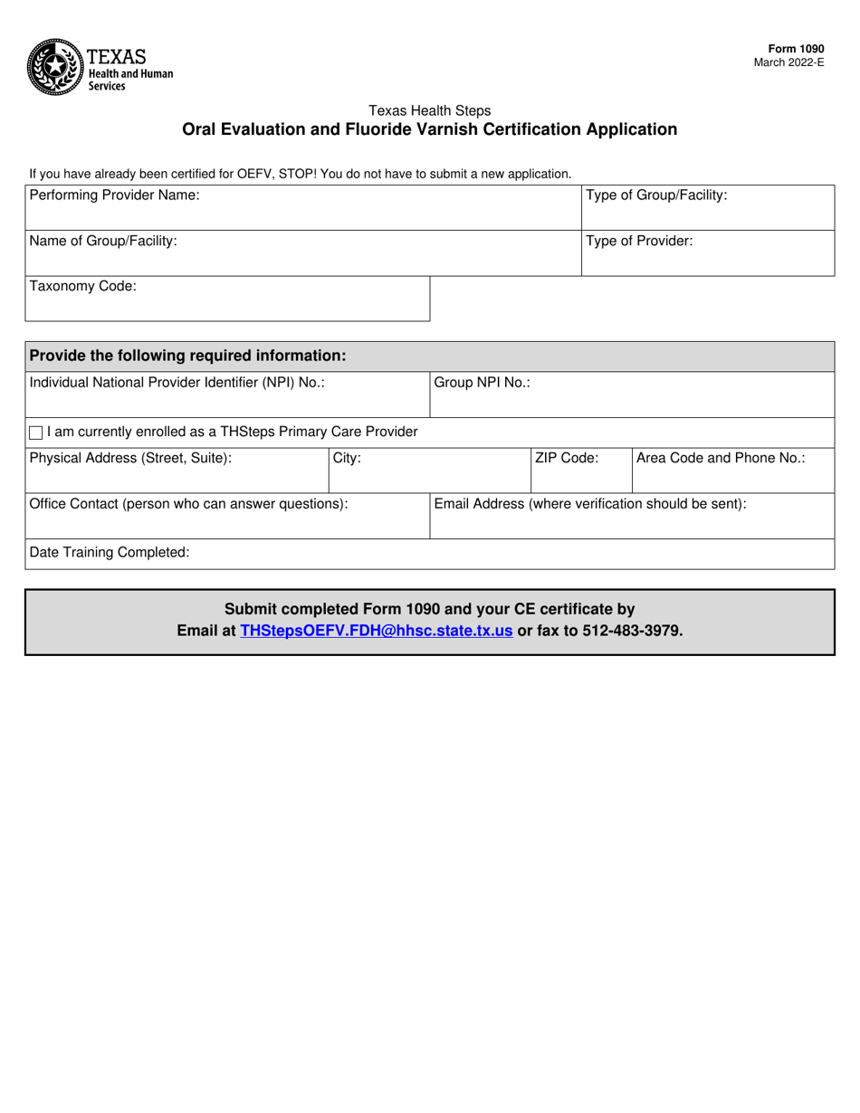 Form 1090 Oral Evaluation and Fluoride Varnish Certification Application - Texas, Page 1
