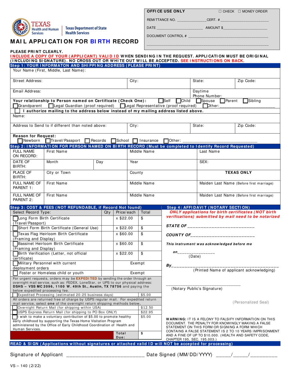 Form VS-140 Mail Application for Birth Record - Texas, Page 1