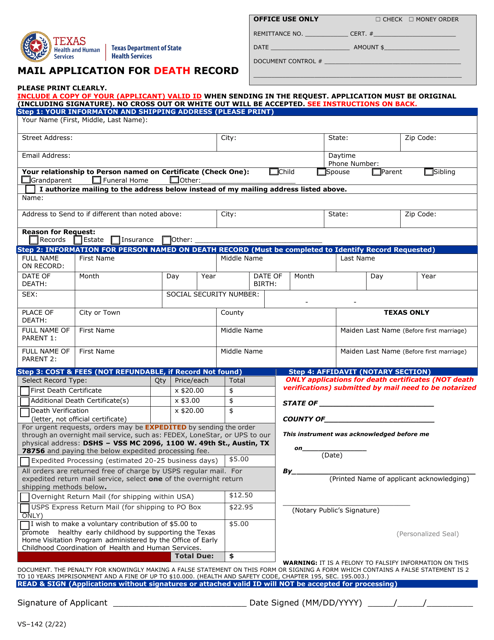 Form VS-142 Mail Application for Death Record - Texas