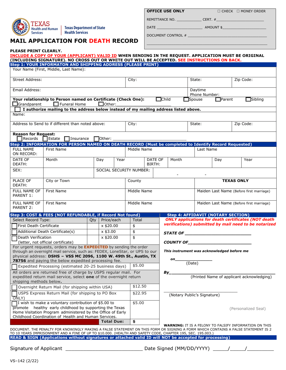 Form VS-142 Mail Application for Death Record - Texas, Page 1