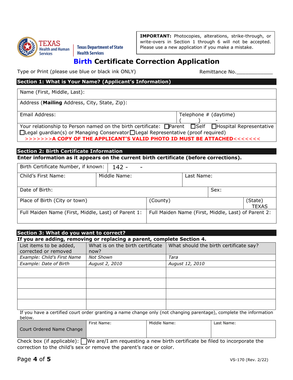 Form Vs 170 Download Fillable Pdf Or Fill Online Birth Certificate Correction Application Texas 6664