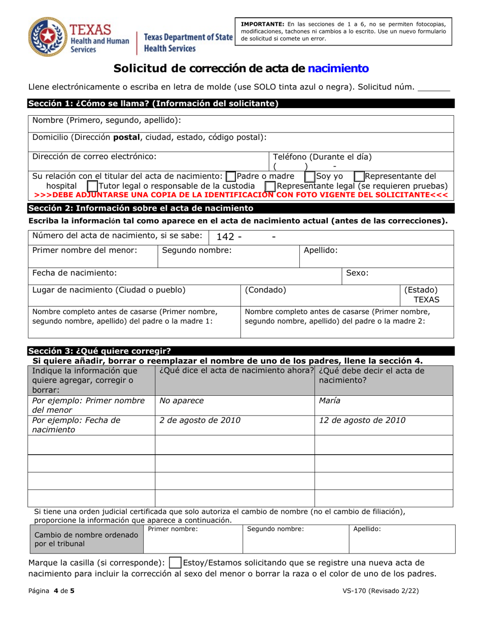 Formulario VS-170 Solicitud De Correccion De Acta De Nacimiento - Texas (Spanish), Page 4