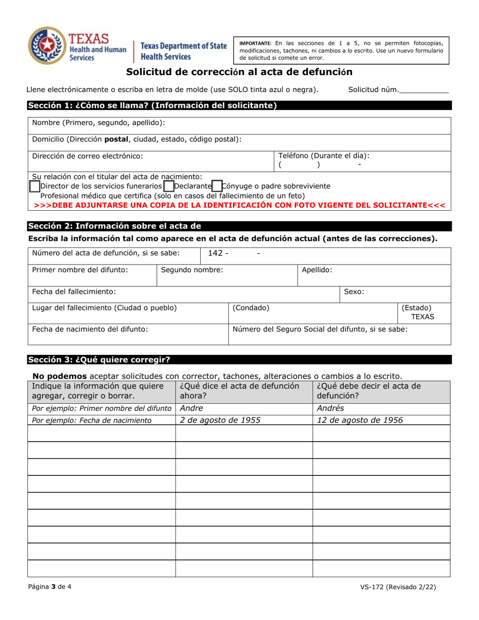 Formulario VS-172 Solicitud De Correccion Al Acta De Defuncion - Texas (Spanish), Page 3