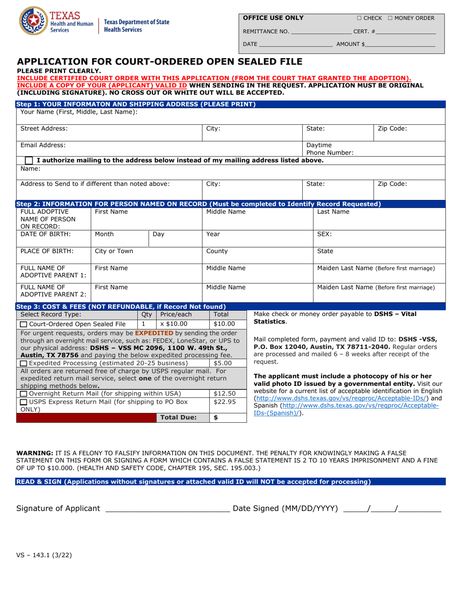 Form VS-143.1 Application for Court-Ordered Open Sealed File - Texas, Page 1