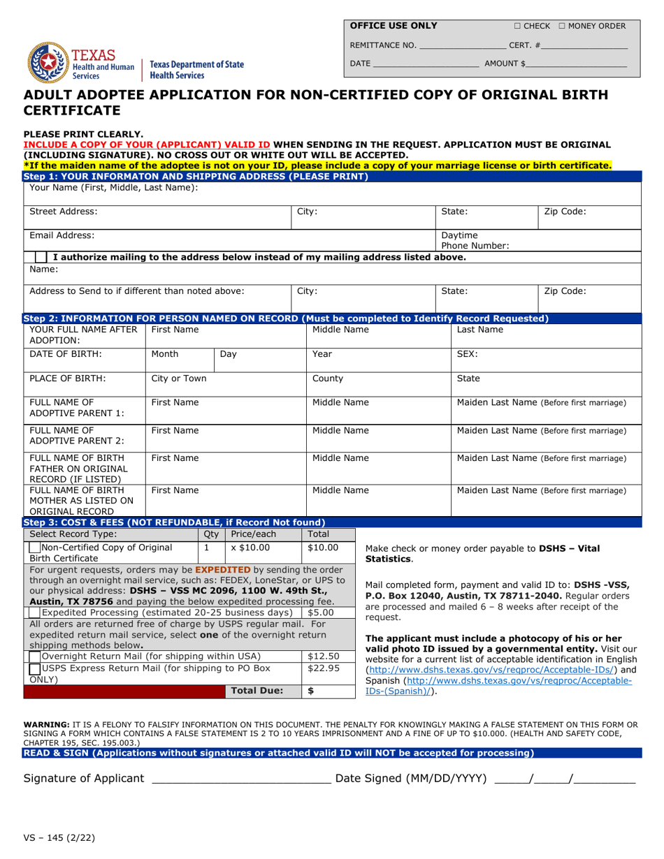 Form VS-145 Adult Adoptee Application for Non-certified Copy of Original Birth Certificate - Texas, Page 1