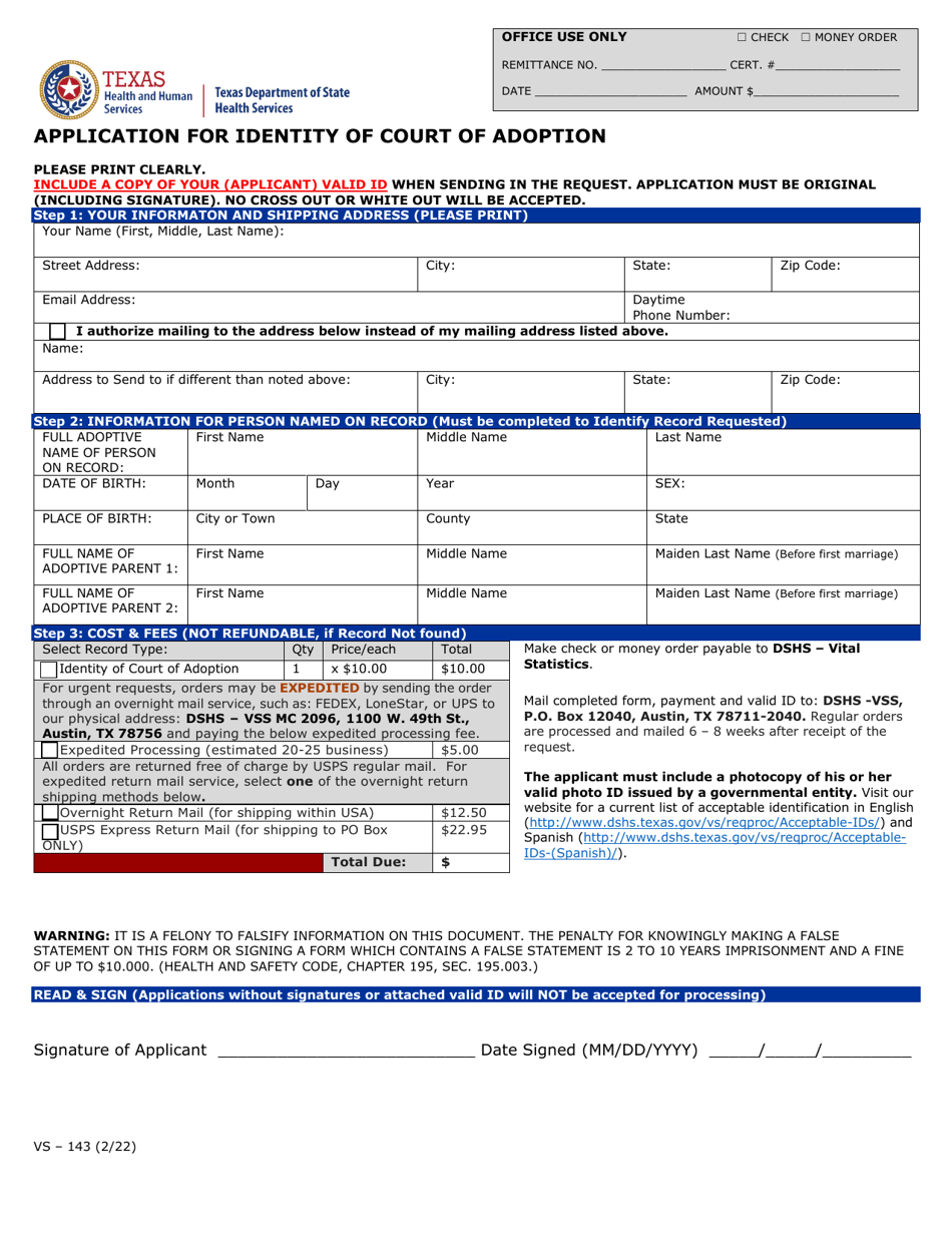 Form VS-143 - Fill Out, Sign Online and Download Fillable PDF, Texas ...