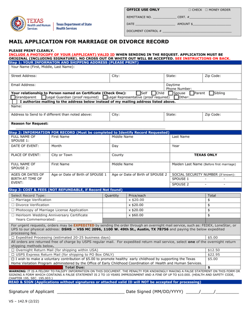 Form VS-142.9 Mail Application for Marriage or Divorce Record - Texas