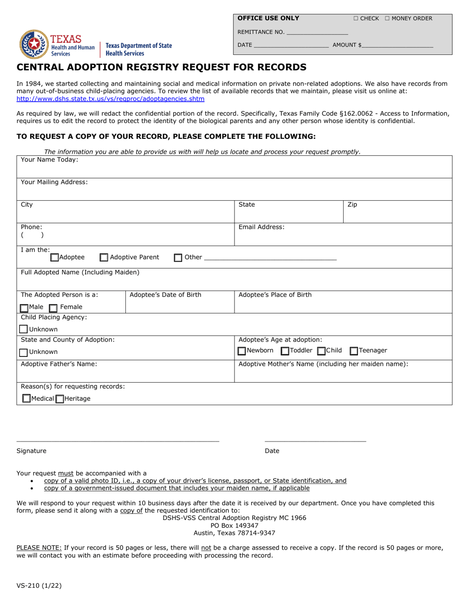 Form VS-210 Central Adoption Registry Request for Records - Texas, Page 1