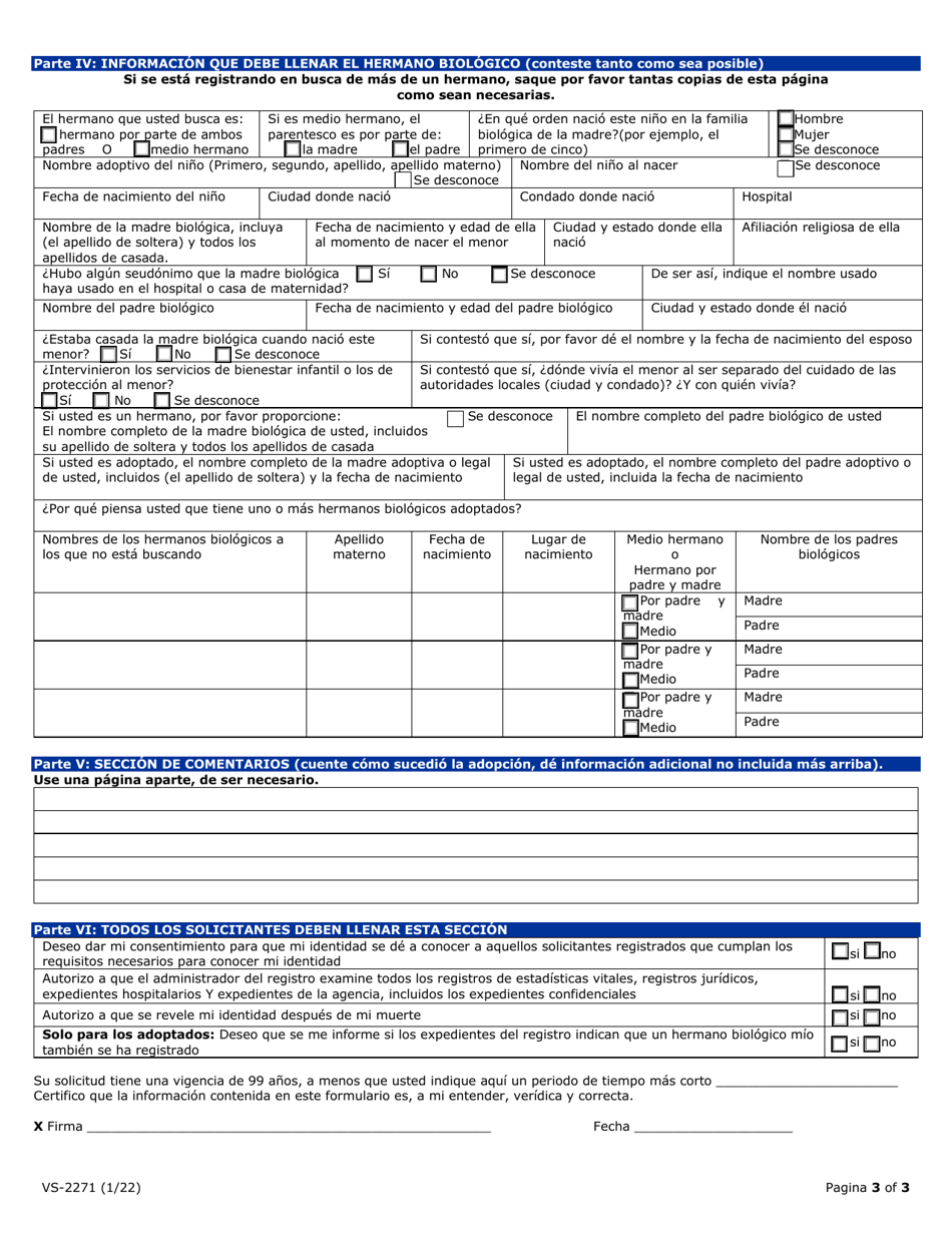 Formulario VS-2271 Registro Central Voluntario De Adopcion Solicitud De Registro - Texas (Spanish), Page 3