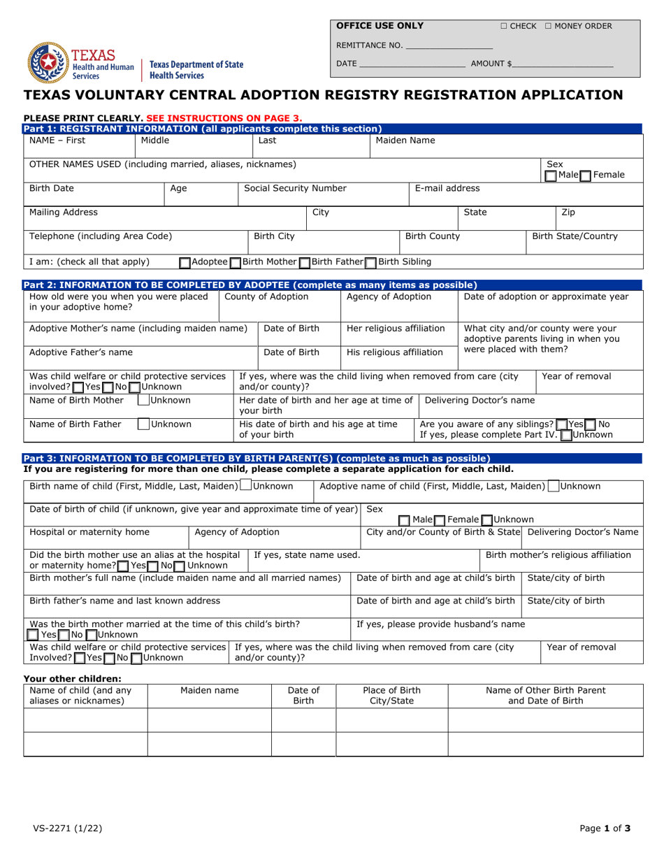 Form VS-2271 Texas Voluntary Central Adoption Registry Registration Application - Texas, Page 1
