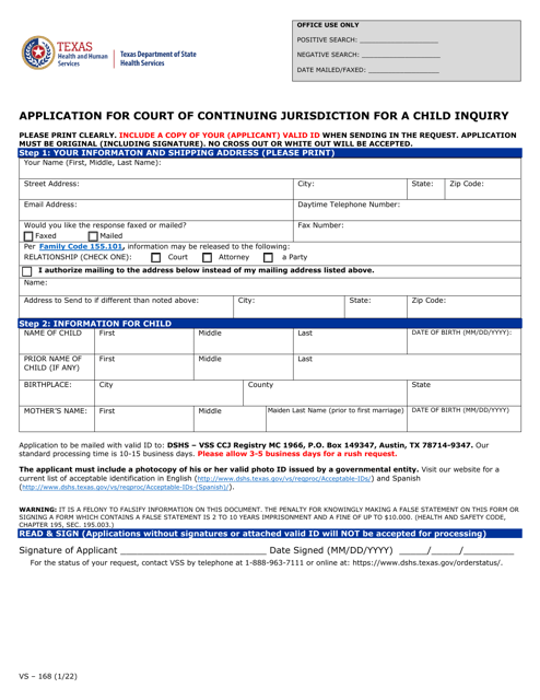 Form VS-168 Application for Court of Continuing Jurisdiction for a Child Inquiry - Texas