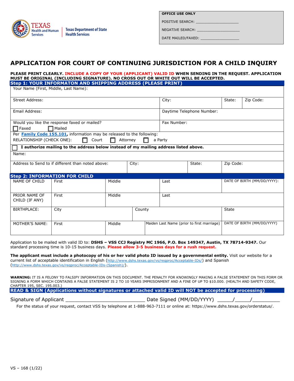 Form VS-168 Application for Court of Continuing Jurisdiction for a Child Inquiry - Texas, Page 1