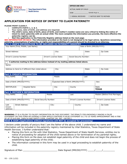 Form VS-130 Application for Notice of Intent to Claim Paternity - Texas