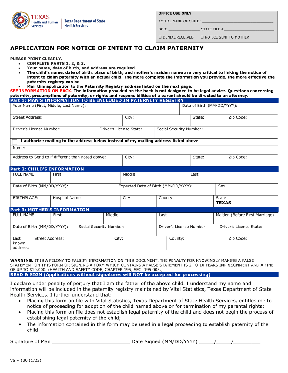 Form VS-130 Application for Notice of Intent to Claim Paternity - Texas, Page 1