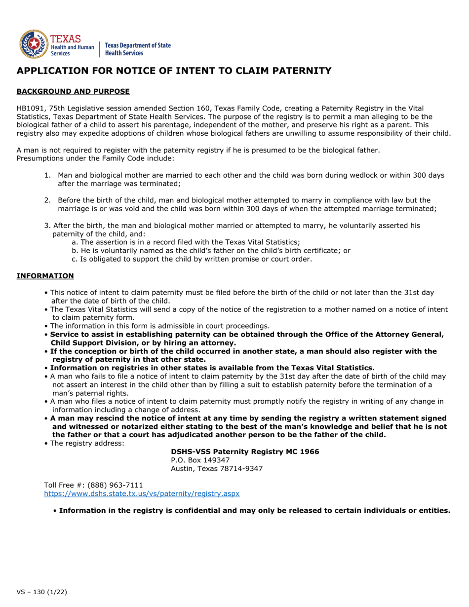 Form VS-130 Application for Notice of Intent to Claim Paternity - Texas, Page 2