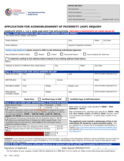 Form VS-134.1 Application for Acknowledgment of Paternity (Aop) Inquiry - Texas