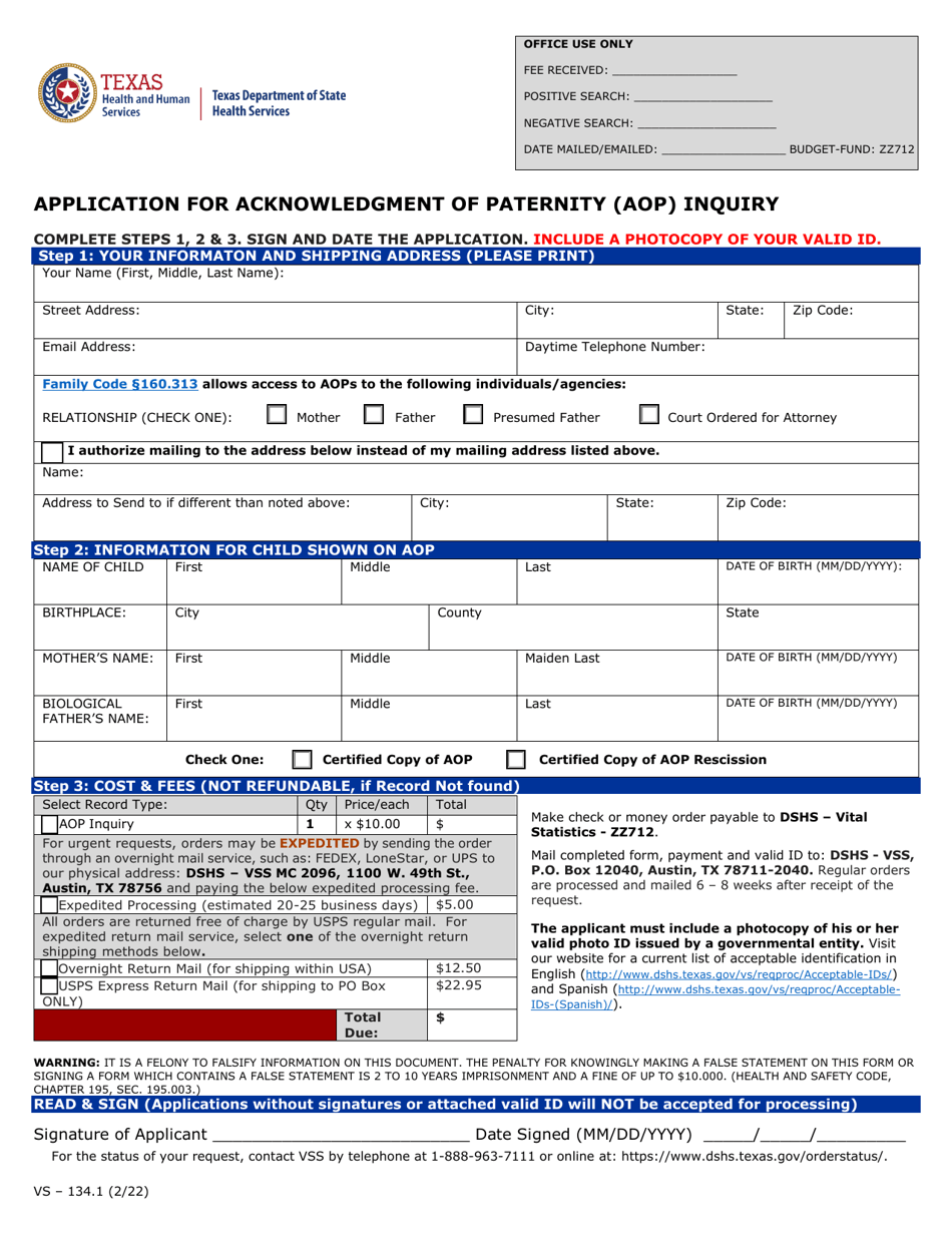 Form VS-134.1 Download Fillable PDF Or Fill Online Application For ...