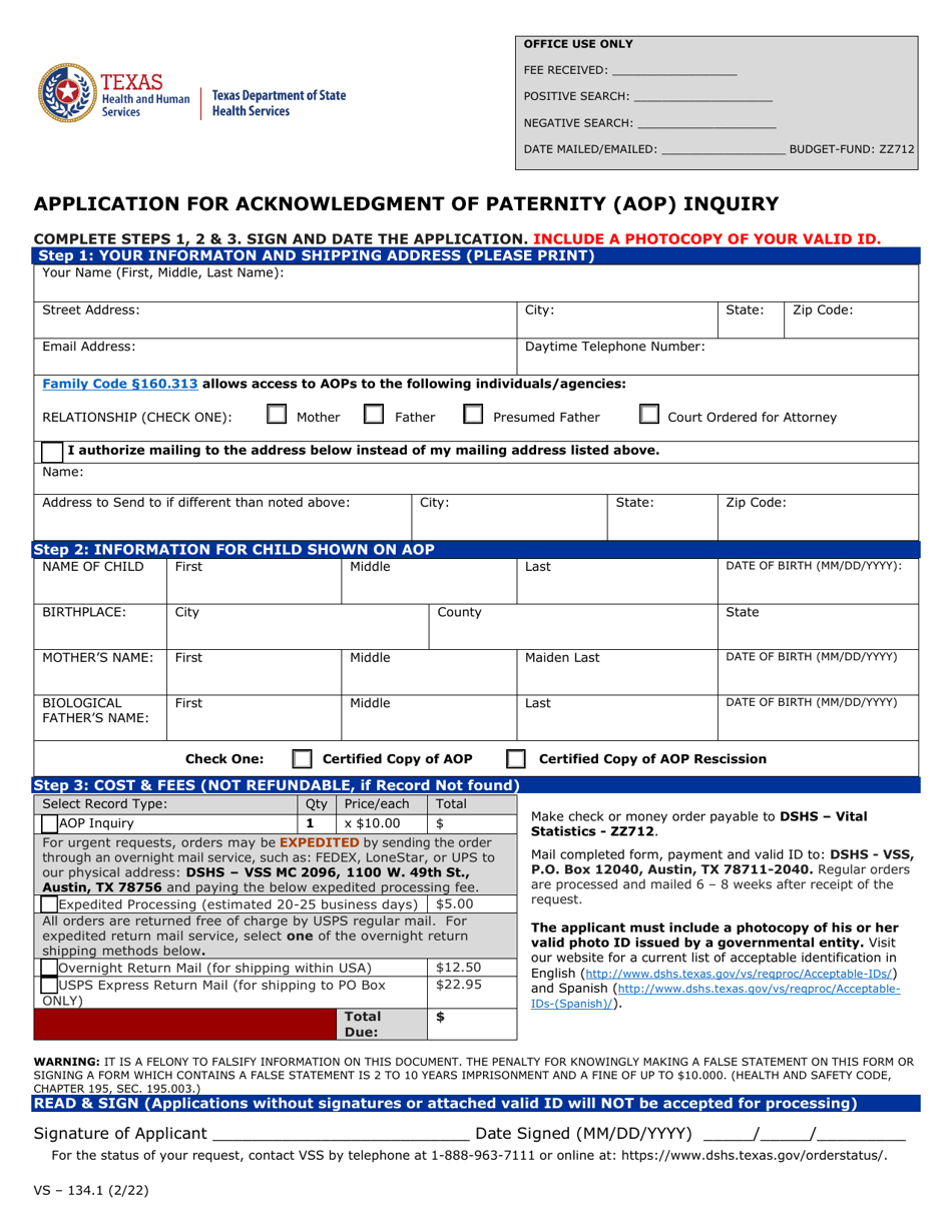 Form VS-134.1 Application for Acknowledgment of Paternity (Aop) Inquiry - Texas, Page 1