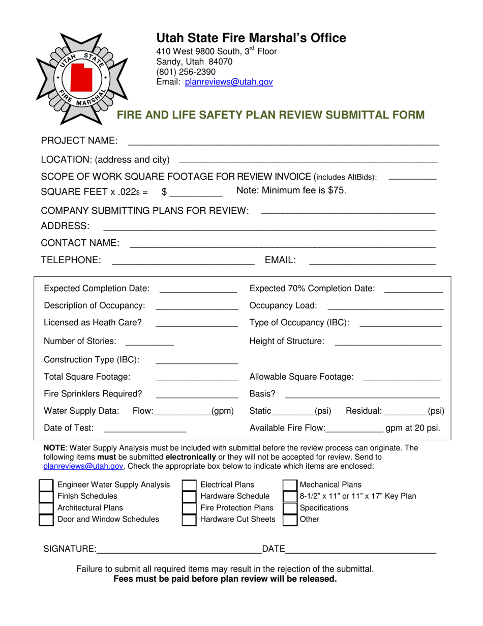 Utah Fire and Life Safety Plan Review Submittal Form Fill Out, Sign