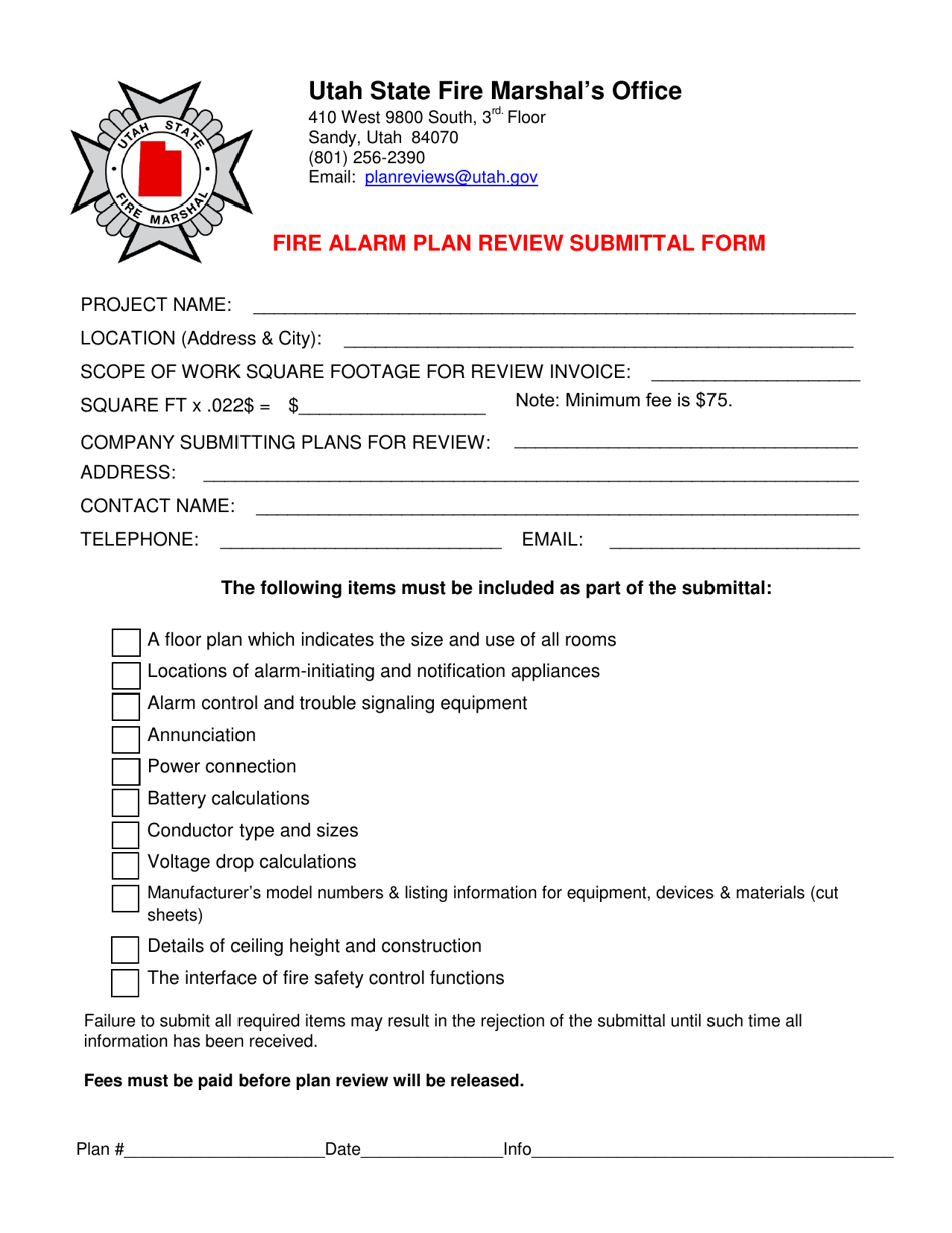 Fire Alarm Plan Review Submittal Form - Utah, Page 1