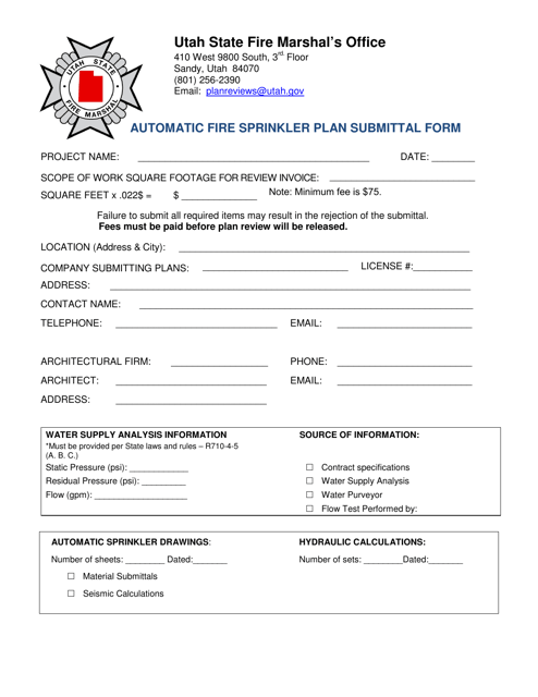 Automatic Fire Sprinkler Plan Submittal Form - Utah