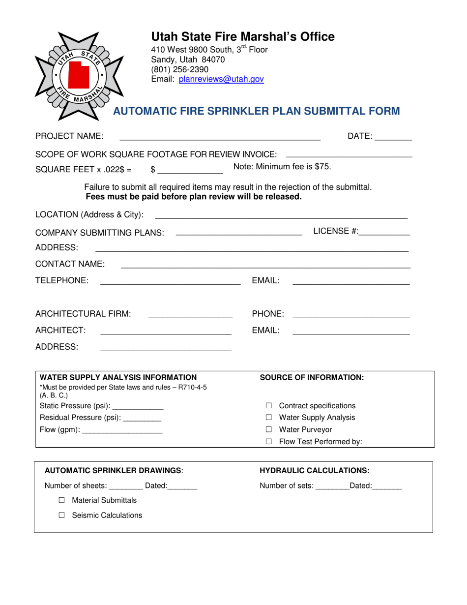 Automatic Fire Sprinkler Plan Submittal Form - Utah, Page 1