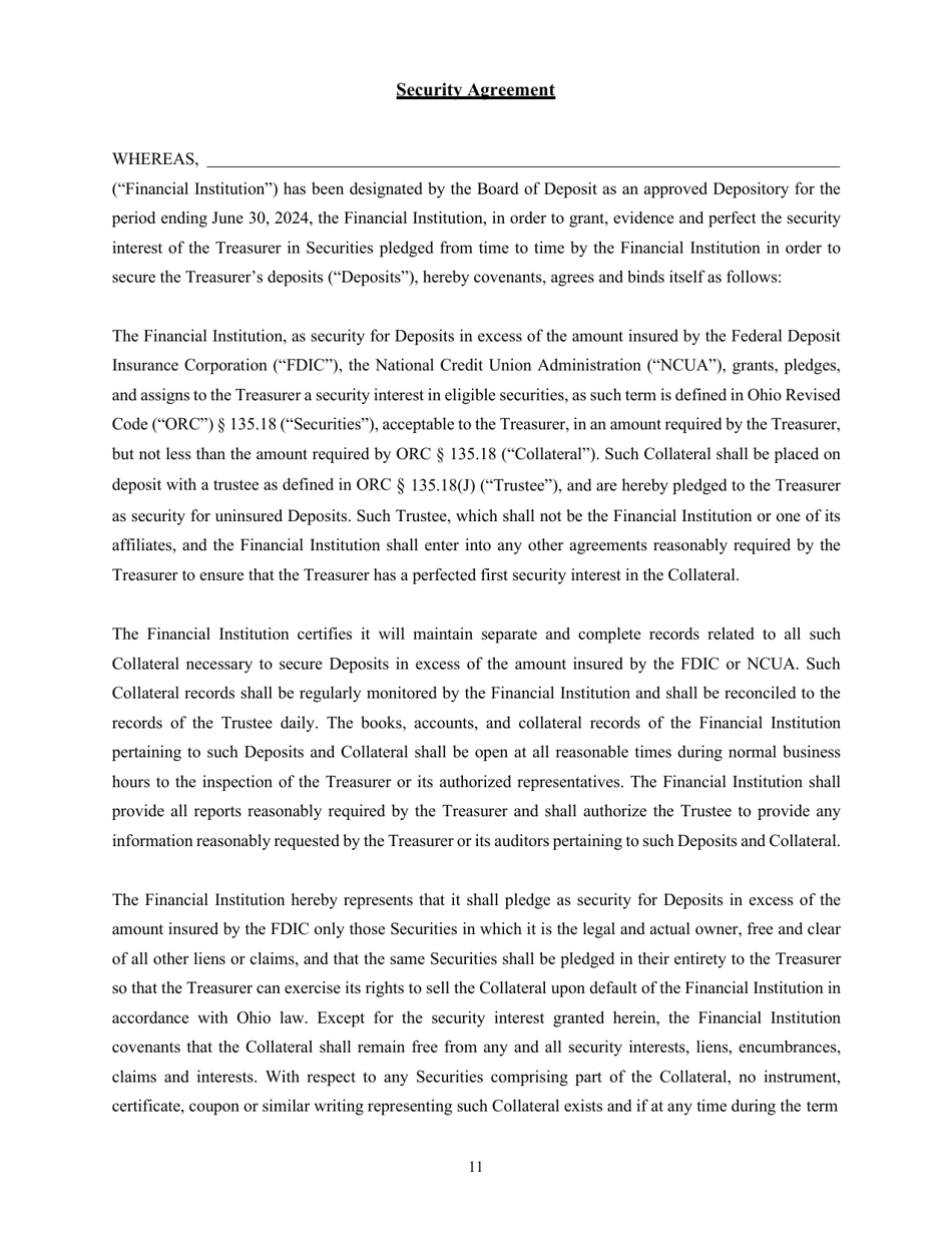 Application and Agreement for Deposit of Public Funds - Ohio, Page 11