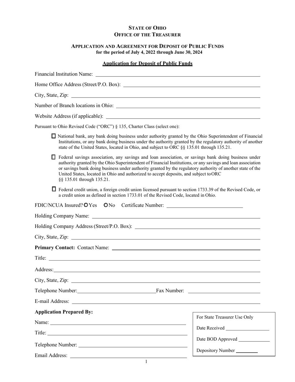 Application and Agreement for Deposit of Public Funds - Ohio, Page 1