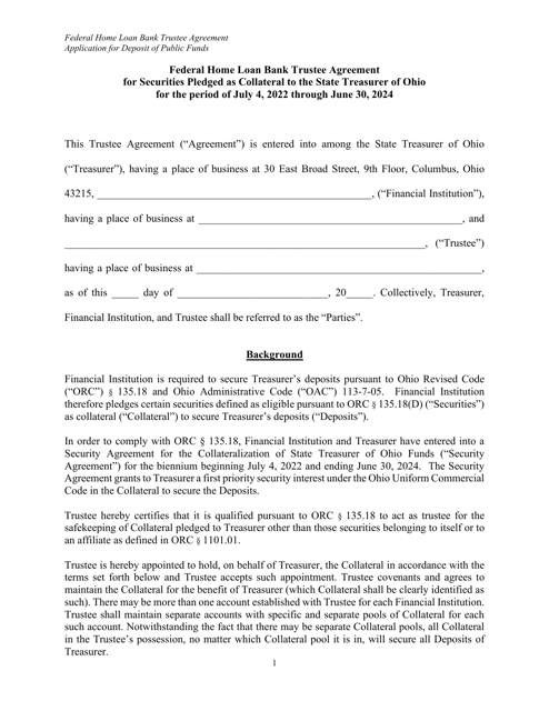Federal Home Loan Bank Trustee Agreement for Securities Pledged as Collateral to the State Treasurer of Ohio - Ohio, 2024