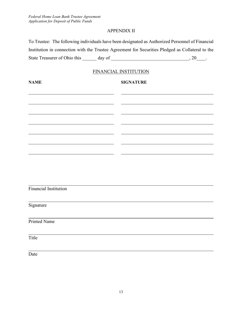 2024 Ohio Federal Home Loan Bank Trustee Agreement for Securities