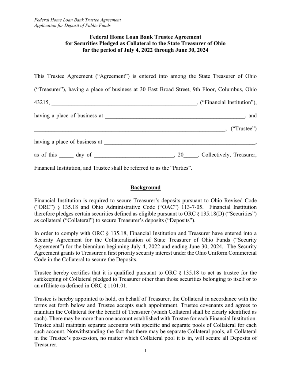 Federal Home Loan Bank Trustee Agreement for Securities Pledged as Collateral to the State Treasurer of Ohio - Ohio, Page 1