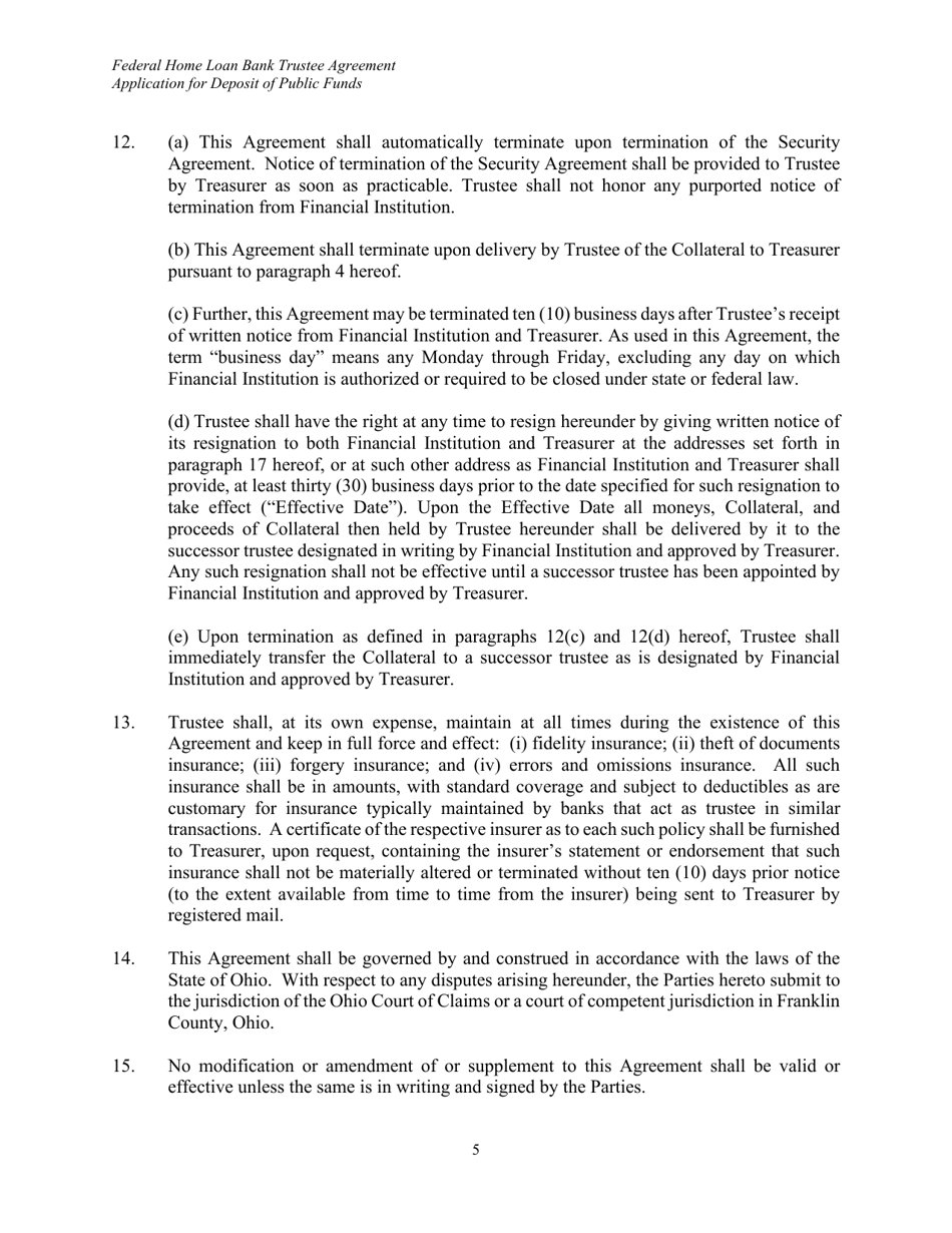 Federal Home Loan Bank Trustee Agreement for Securities Pledged as Collateral to the State Treasurer of Ohio - Ohio, Page 5