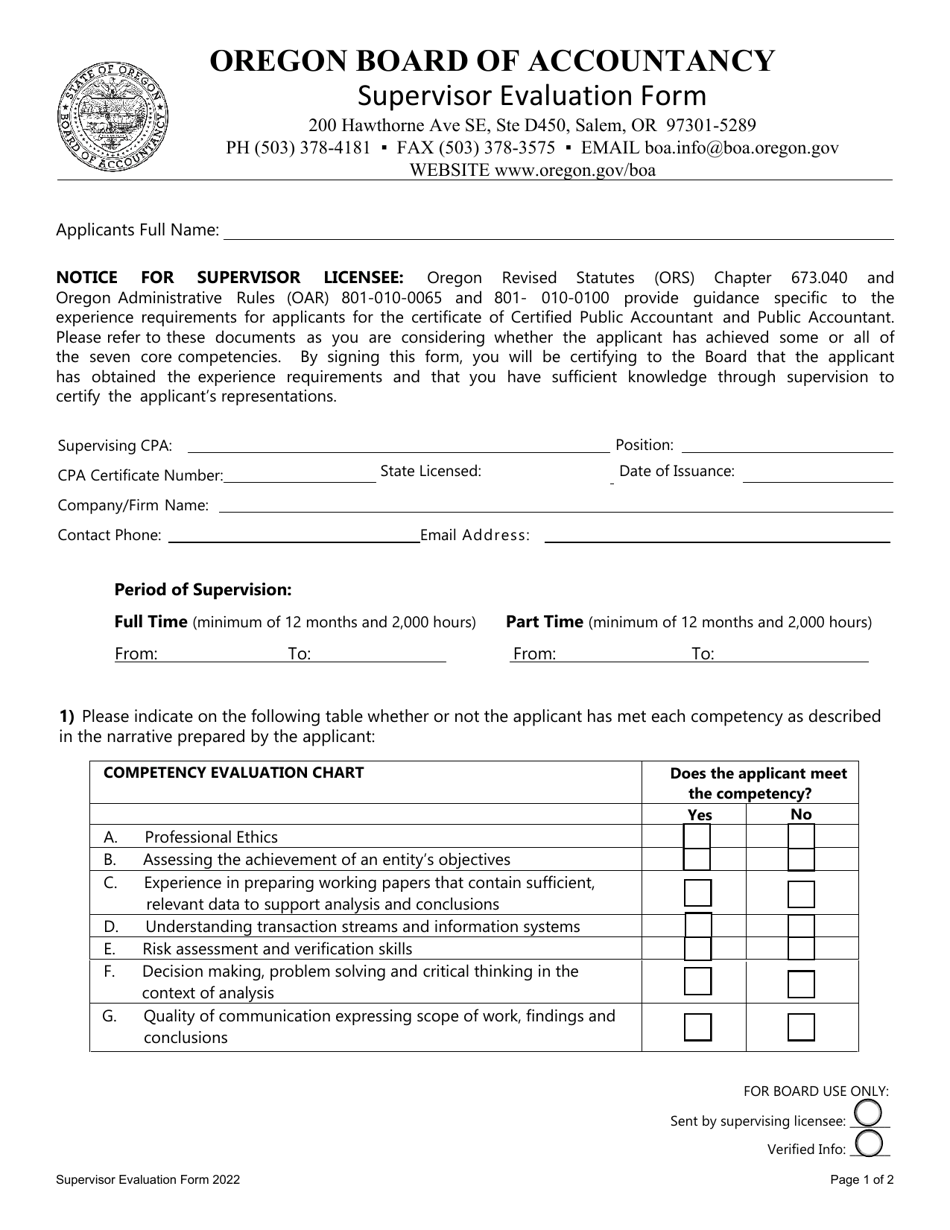 Supervisor Evaluation Form - Oregon, Page 1