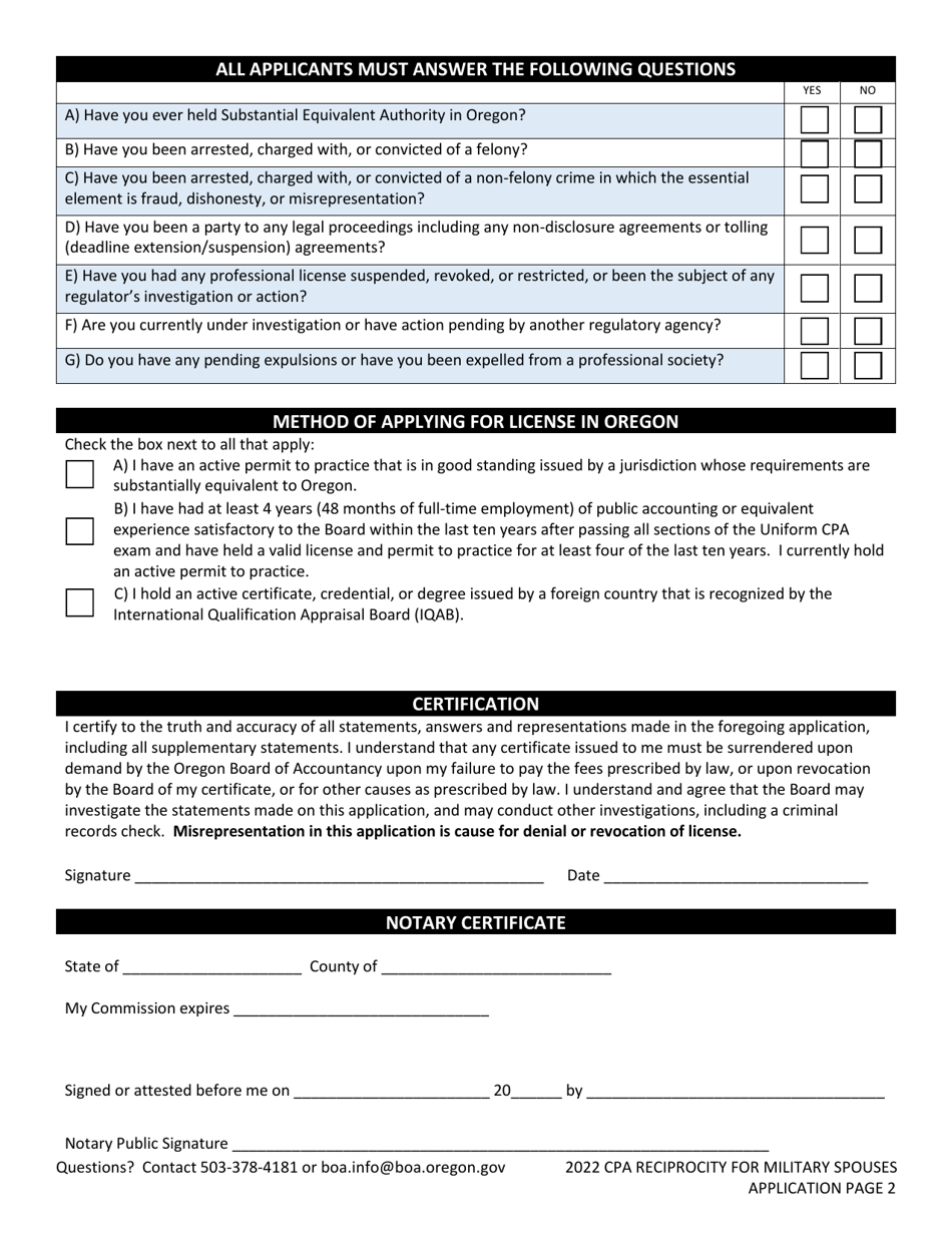 CPA Reciprocity for Military Spouses Application for CPA Certificate and Permit to Practice Public Accounting - Oregon, Page 3