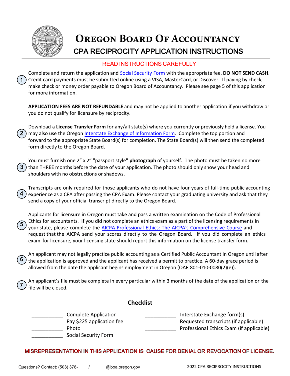 CPA Reciprocity Application for CPA Certificate and Permit to Practice Public Accounting - Oregon, Page 1