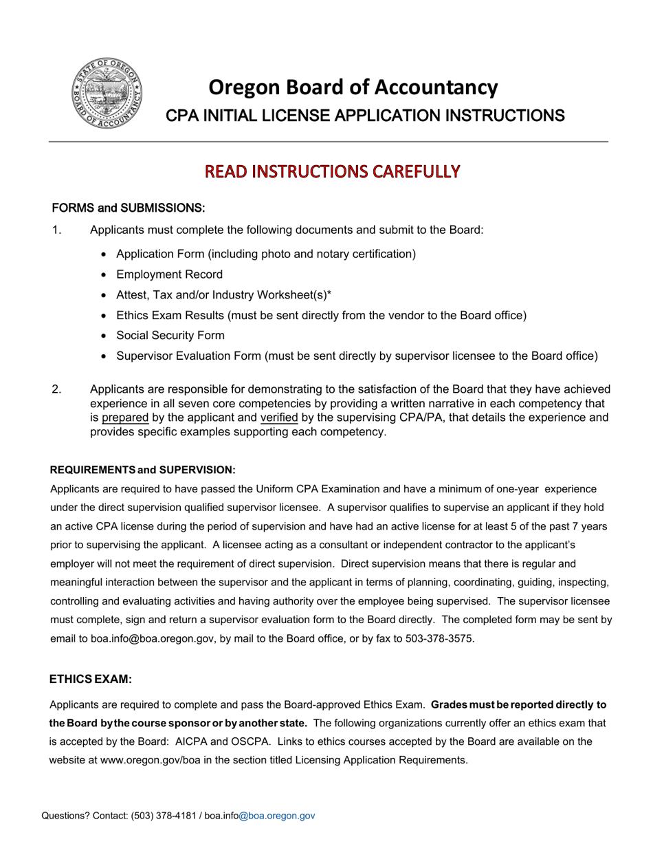 CPA / Pa Initial License Application for CPA Certificate and Permit to Practice Public Accounting - Oregon, Page 1