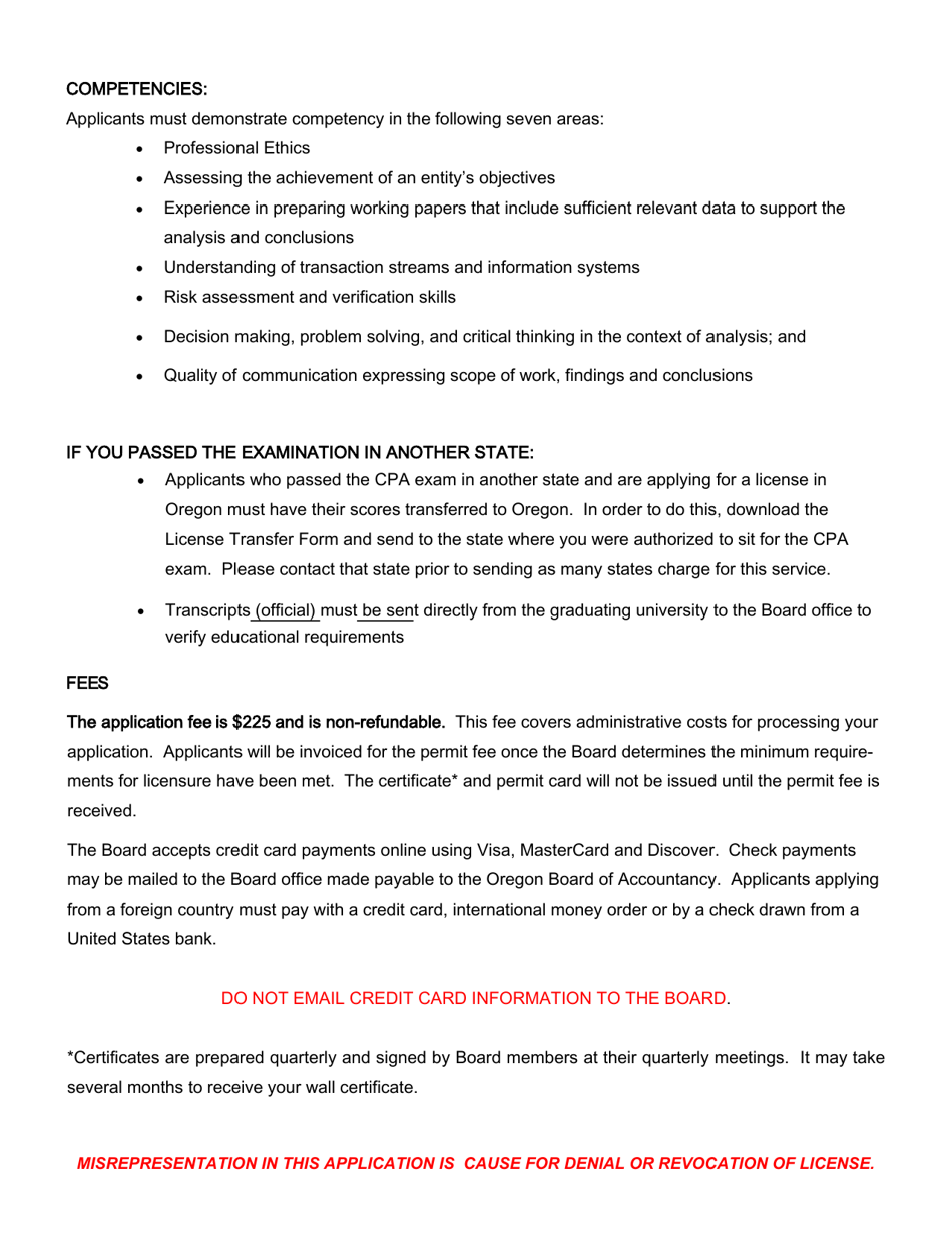 CPA / Pa Initial License Application for CPA Certificate and Permit to Practice Public Accounting - Oregon, Page 2