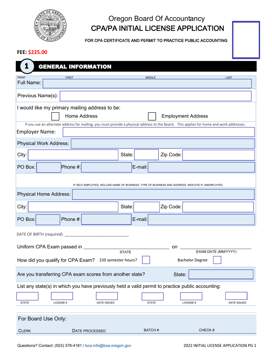 Oregon CPA/Pa Initial License Application For CPA Certificate And ...