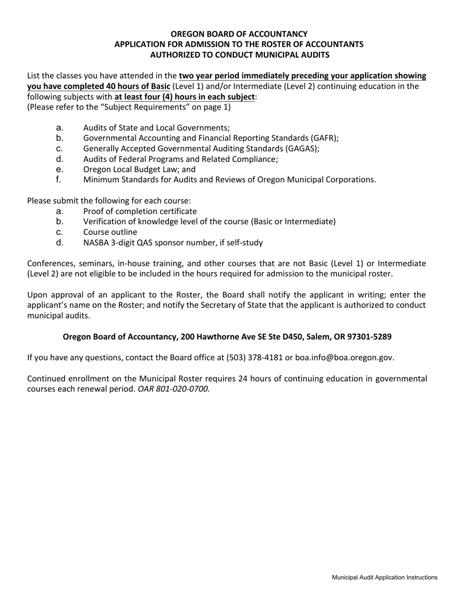 Application for Admission to the Roster of Accountants Authorized to Conduct Municipal Audits - Oregon, Page 2