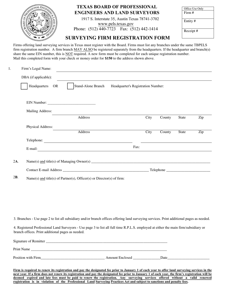 Surveying Firm Registration Form - Texas, Page 1