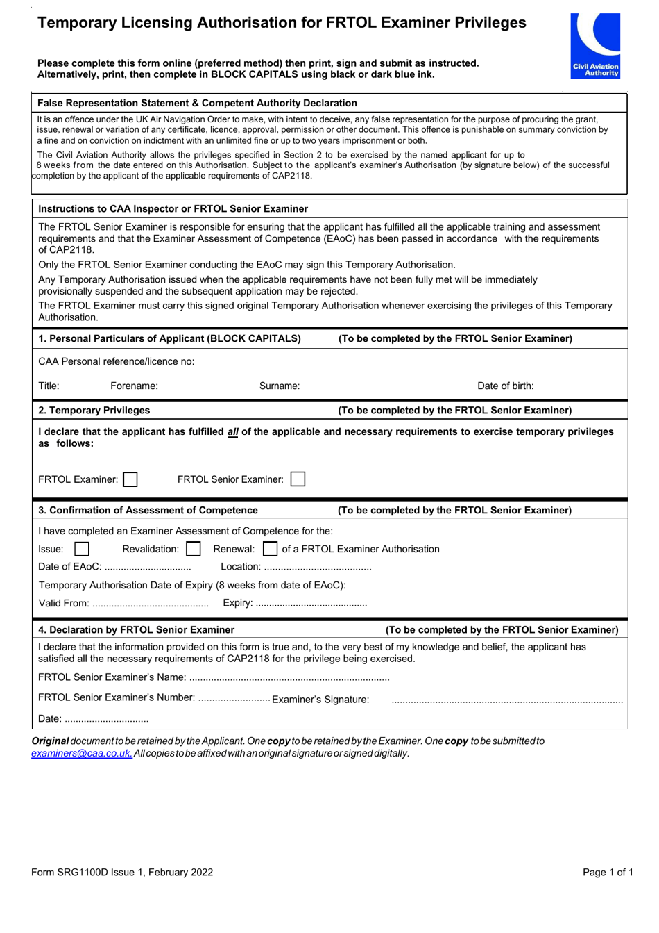 Form SRG1100D Temporary Licensing Authorisation for Frtol Examiner Privileges - United Kingdom, Page 1