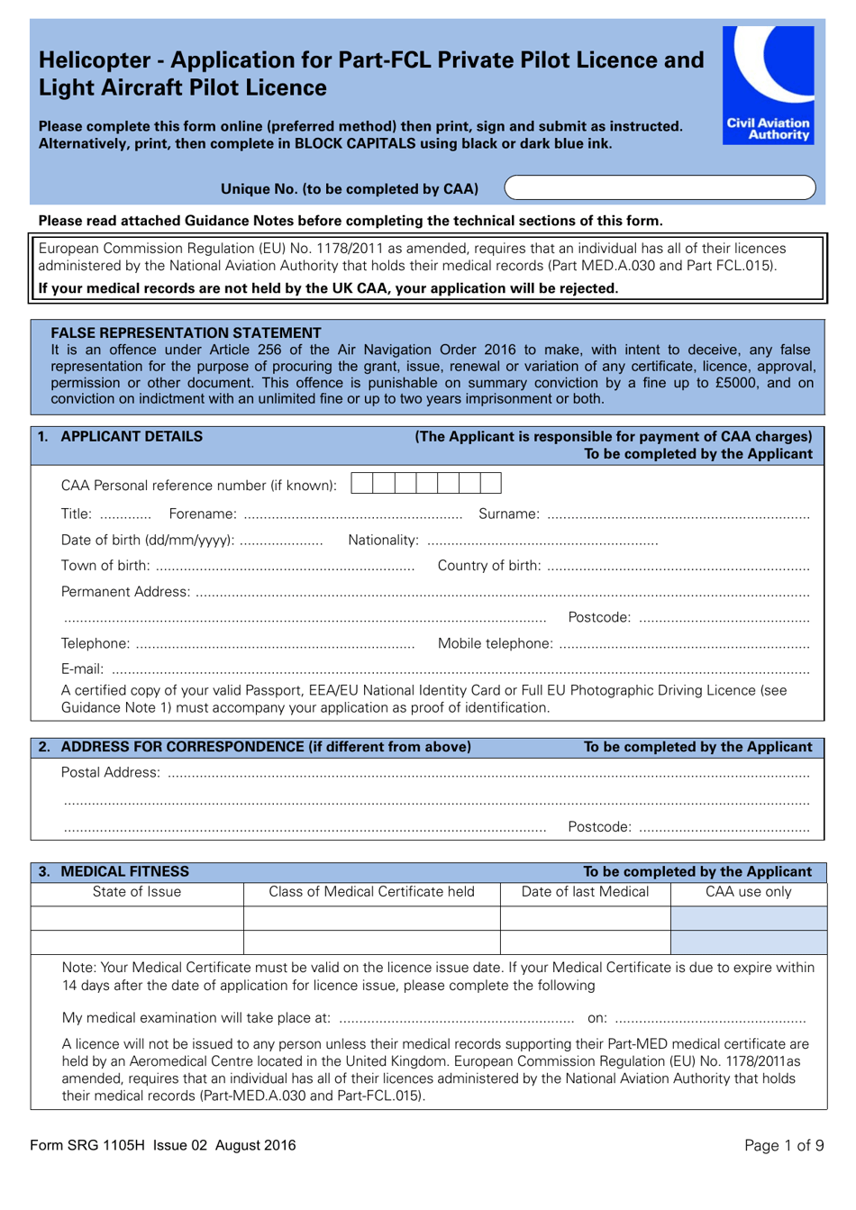 Form SRG1105H Helicopter - Application for Part-Fcl Private Pilot Licence and Light Aircraft Pilot Licence - United Kingdom, Page 1