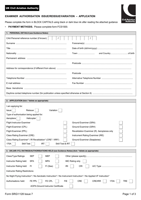 Form SRG 1128 Examiner Authorisation Issue/Reissue/Variation - Application - United Kingdom
