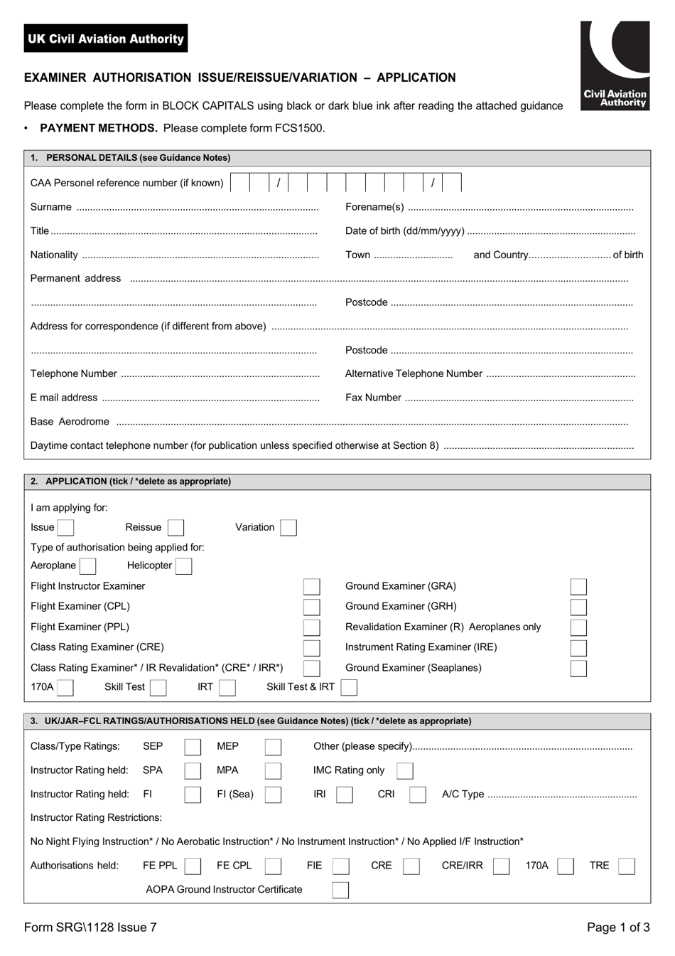 Form SRG 1128 Examiner Authorisation Issue / Reissue / Variation - Application - United Kingdom, Page 1
