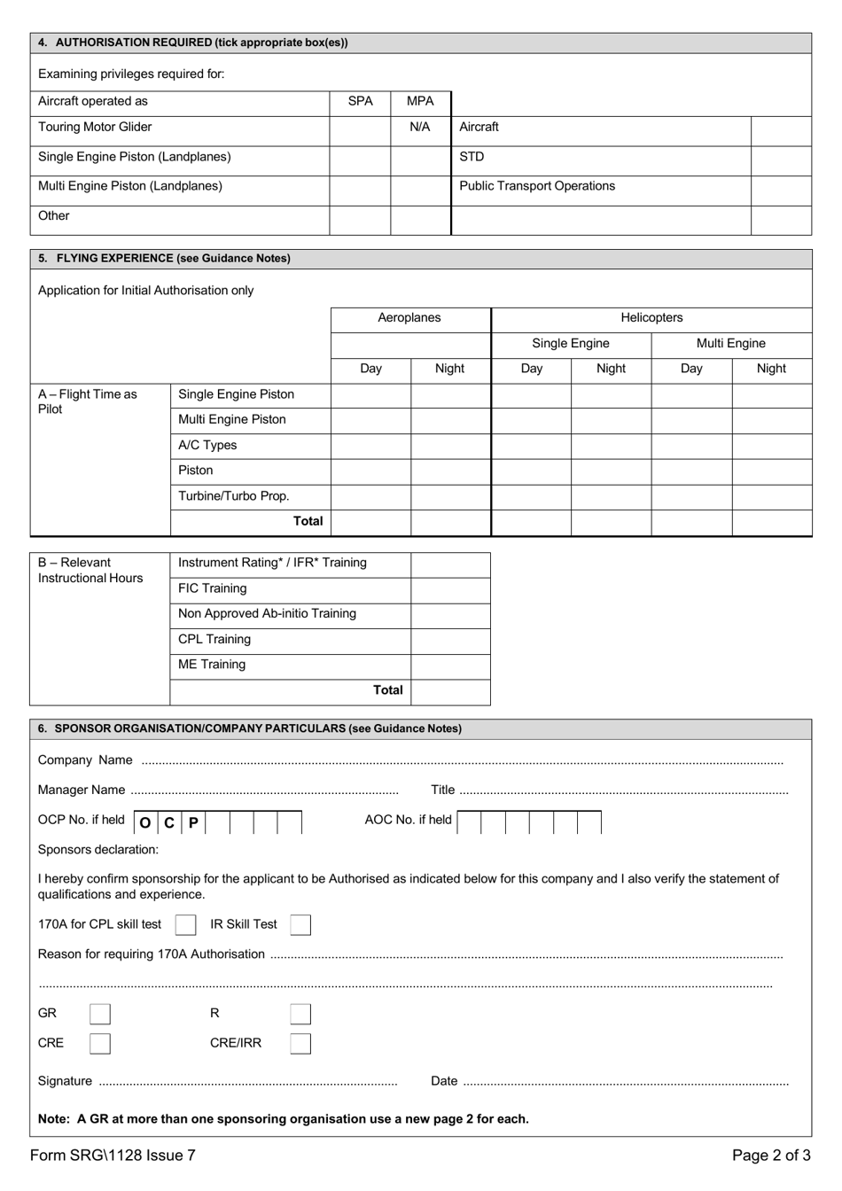 Form SRG 1128 Examiner Authorisation Issue / Reissue / Variation - Application - United Kingdom, Page 2