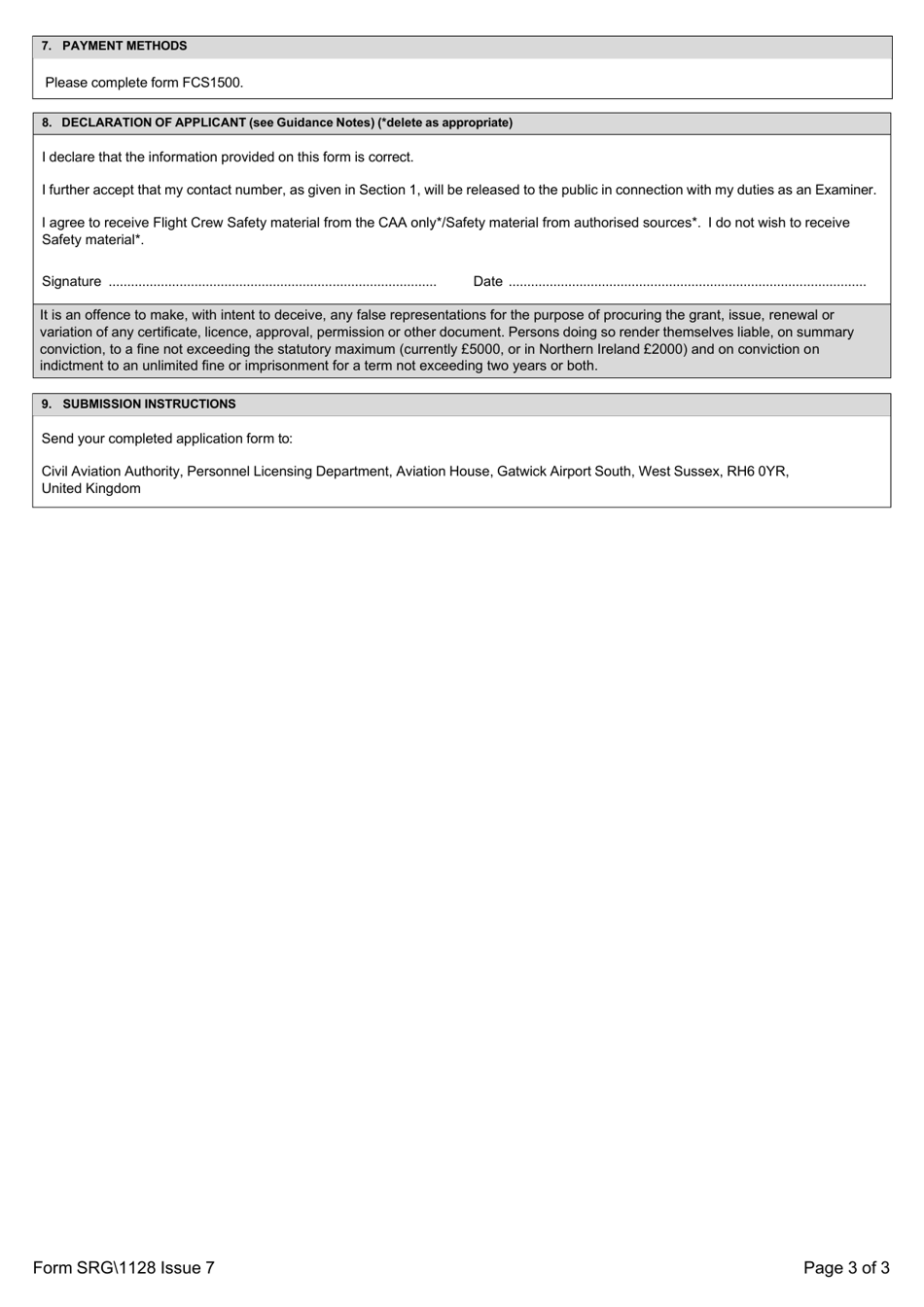 Form SRG 1128 Examiner Authorisation Issue / Reissue / Variation - Application - United Kingdom, Page 3