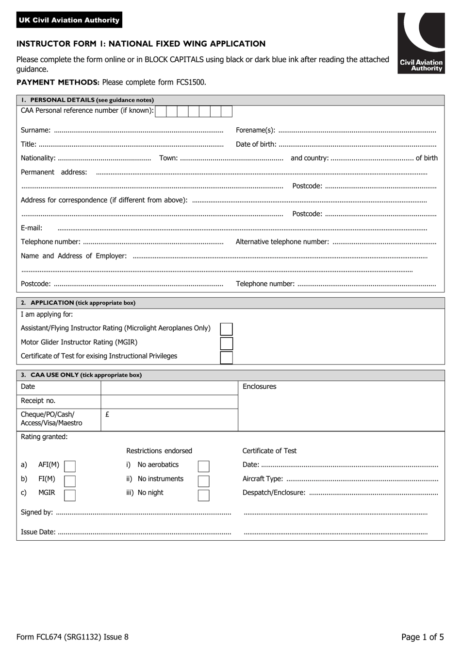 Instructor Form 1 (FCL674; SRG1132) National Fixed Wing Application - United Kingdom, Page 1