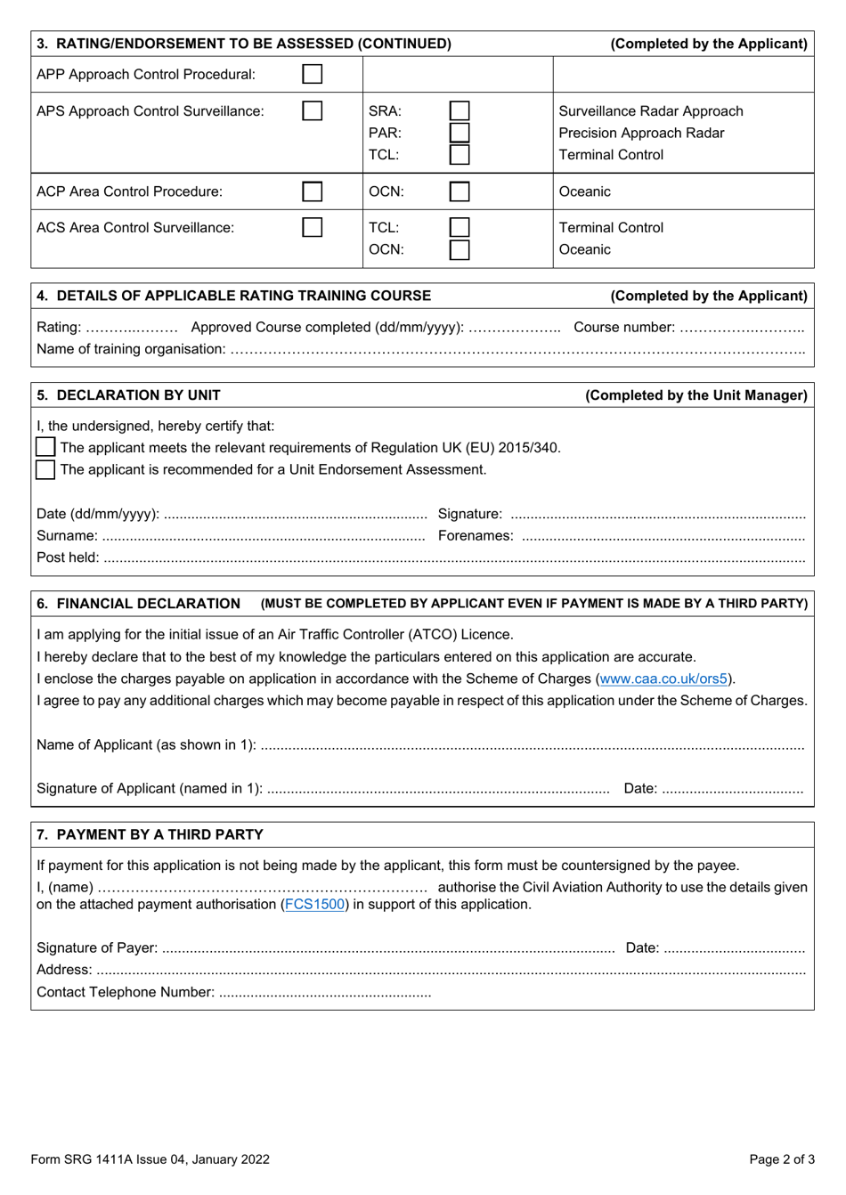 Form SRG1411A Application for the Initial Issue of an Air Traffic Controller (Atco) Licence (Regulation UK (Eu) 2015 / 340) - United Kingdom, Page 2